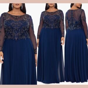 NWT $318 Xscape [ Plus 18W ] Elsa Long Sleeve Beaded Chiffon Gown Navy #S2096